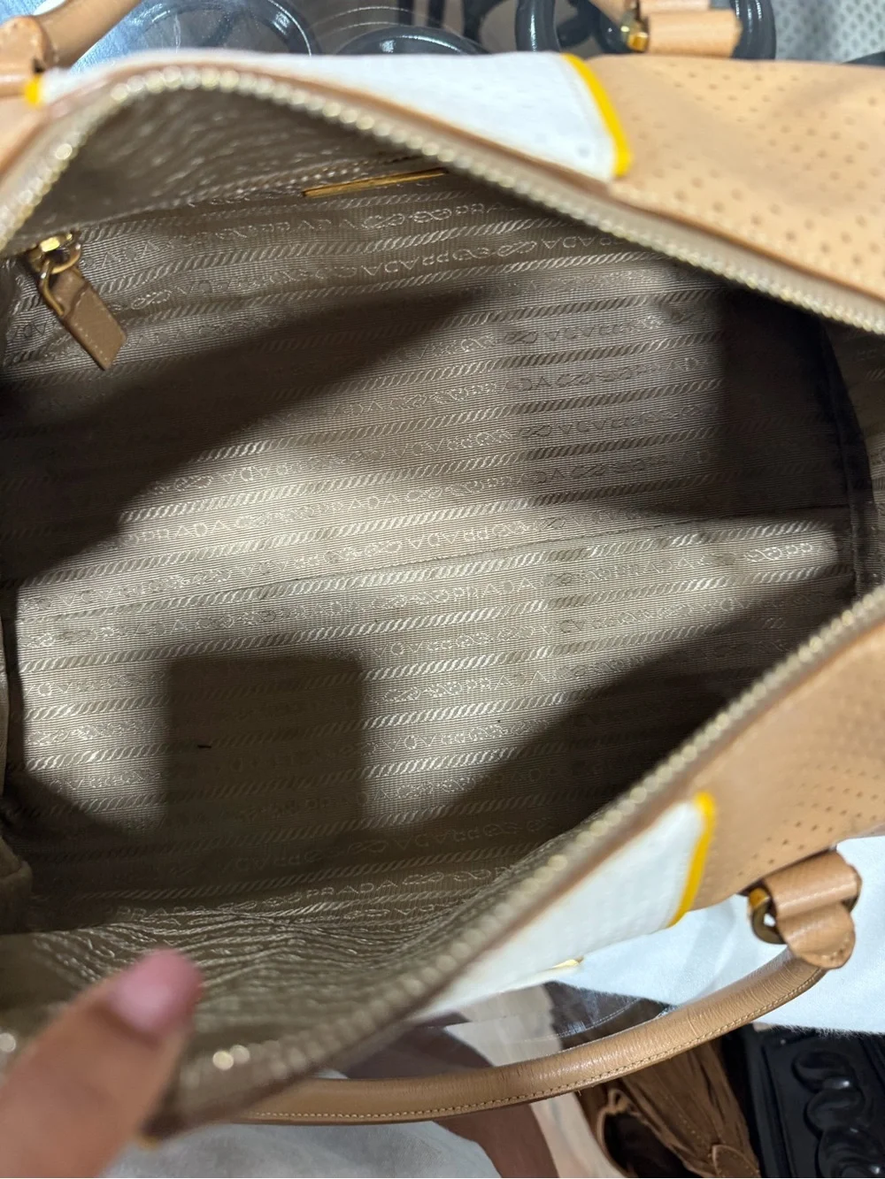Prada Beige and White Perforated Leather Satchel with Yellow Trim